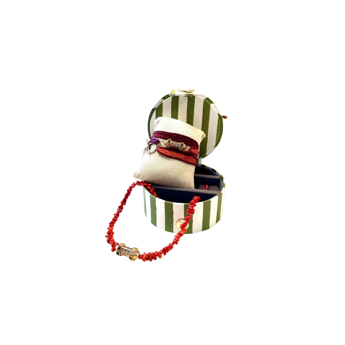 Boîte à bijoux ronde "Nanarella" verte et blanche